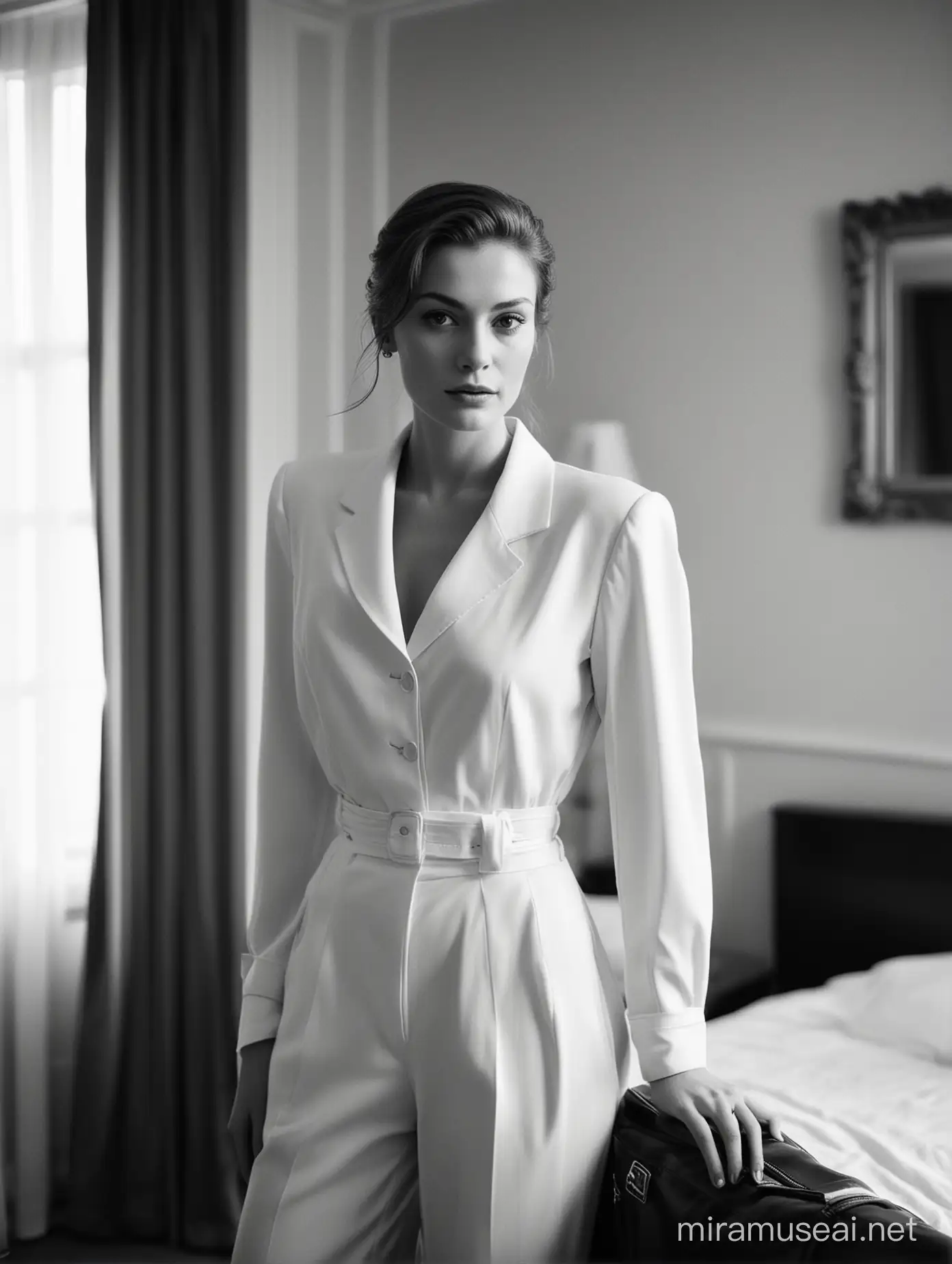 Foto portrait, fashion fotografi, hitam dan putih, film, seorang wanita di kamar hotel classic dengan baju elegant