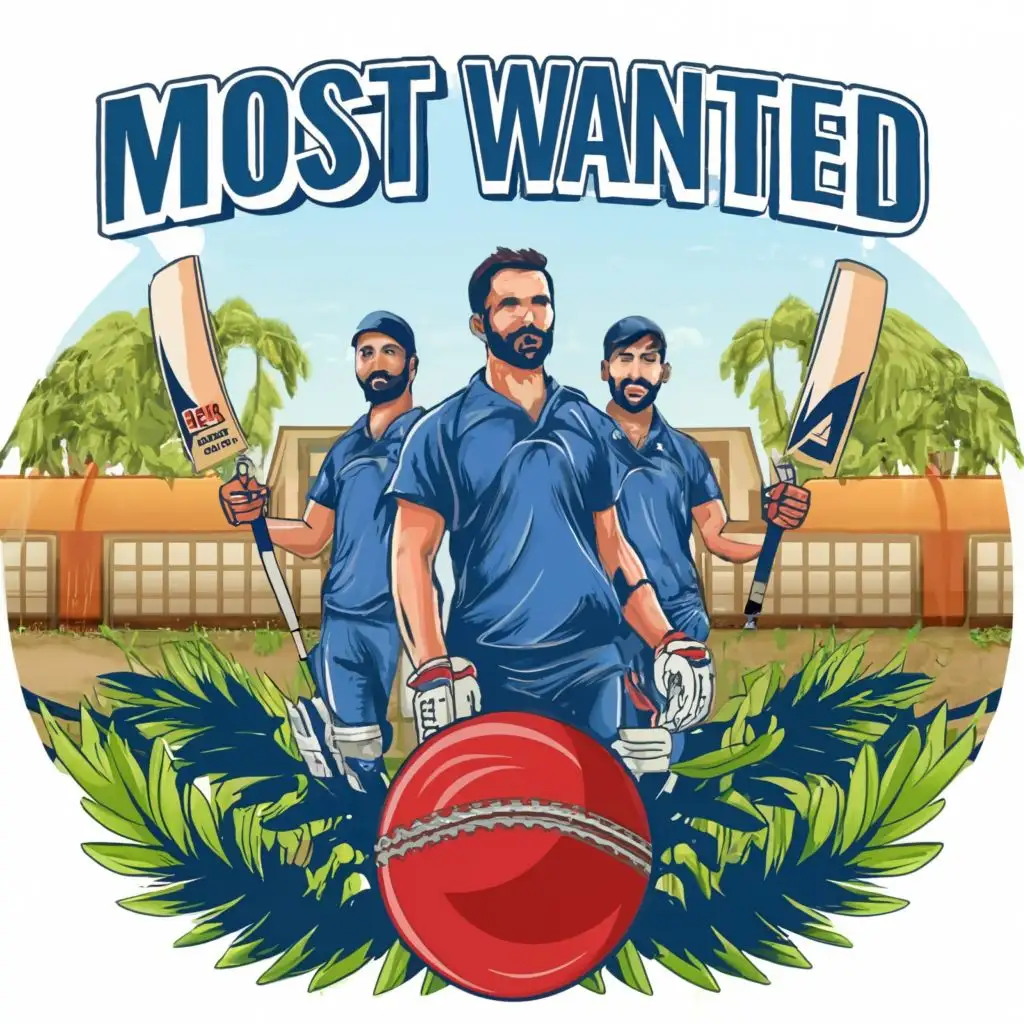 Create a Cricket Team Logo With the name "Most Wanted", Players wearing dark blue color jersey holding cricket bat and ball wearing coolers in the cricket ground.