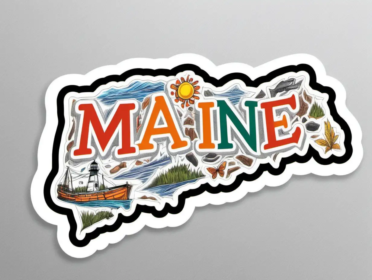 Cheerful Maine Names Sticker in Tertiary Colors on Rough Charcoal Texture