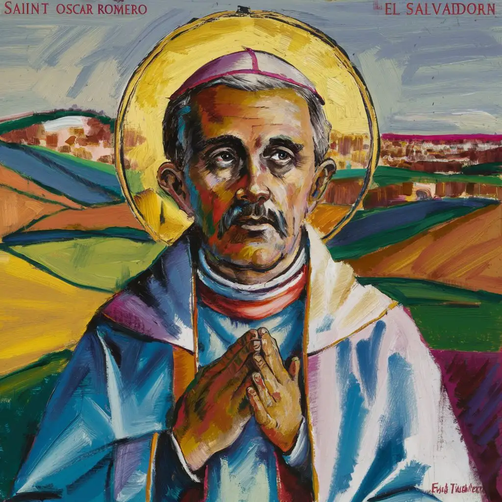 portrait of saint oscar romero from el salvador in the style of paul cézanne 
