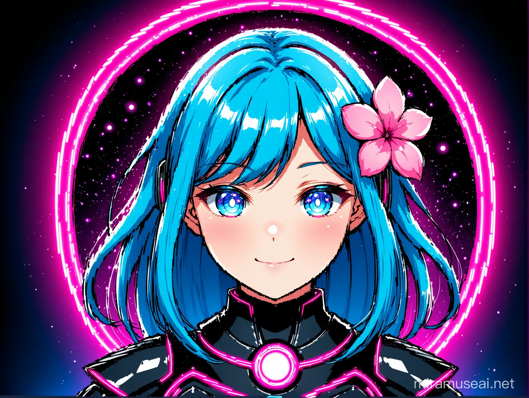 a anime japanese style girl with long blue hair and a pink flower in her hair, smiling with pink cheeks and wearing futuristic black armour with neon blue trim, looking on the front wise, background is a centered circular vignette from blue in center to black at edges, simple vector
