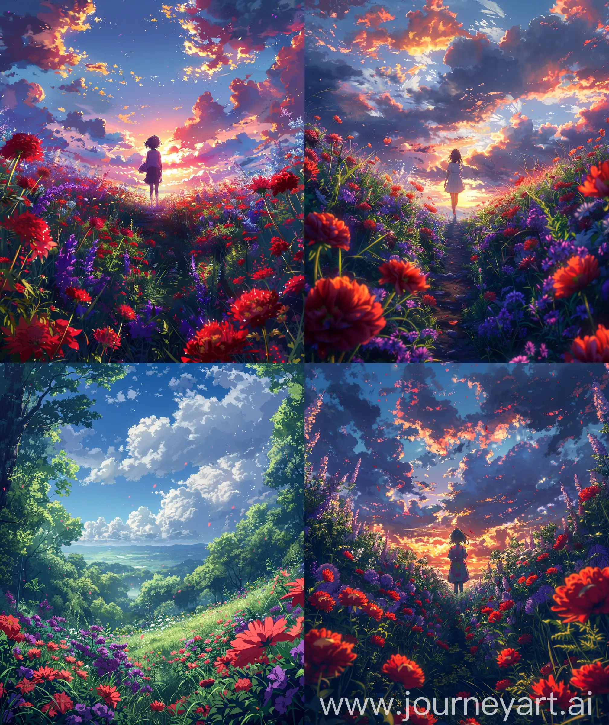 Anime scenary, illustration, mokoto shinkai and Ghibli style mix, direct front facade view of childhood memories with nature view, playful, flowers, summer, morning sky, red and purple colour flowers, ultra HD, high quality, sharp details, no hyperrealistic --ar 27:32 --s 400 