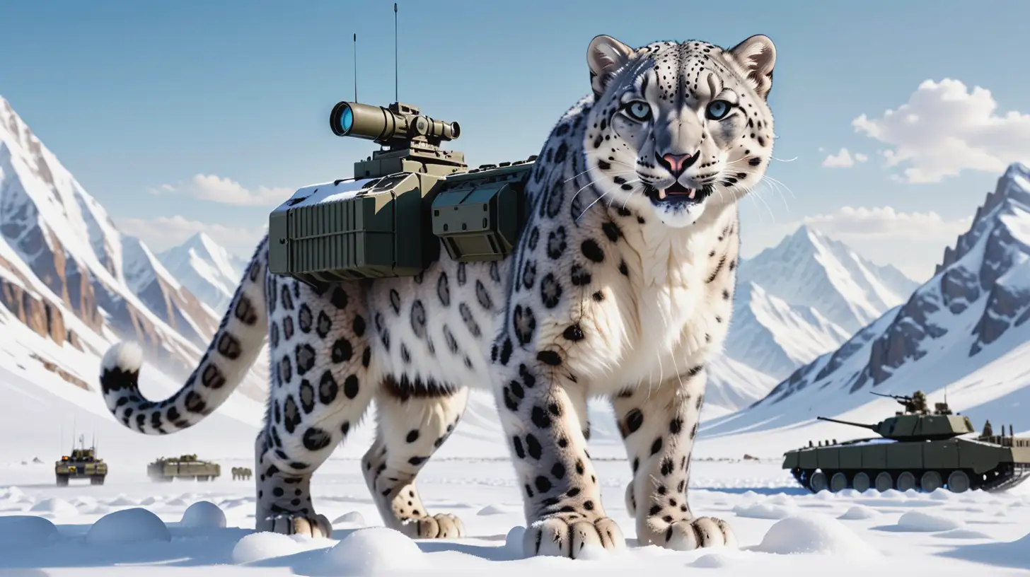 a snow leopard mutated as a huge monster, standing tall in the middle of snow and is fully equipped with military equipment. a high resolution picture