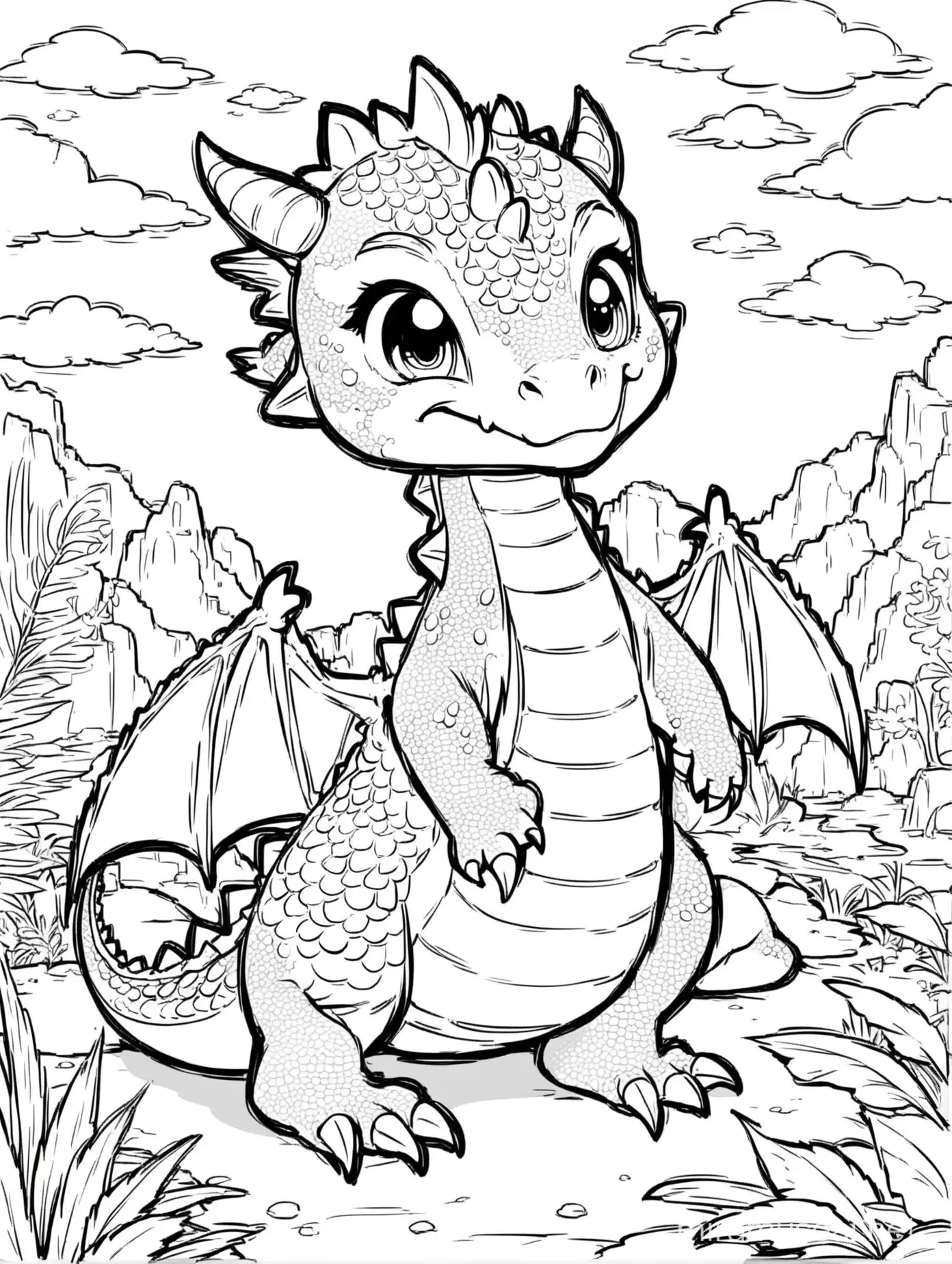 children's coloring book of cute dragon in summer background theme, only black and white, refined outline