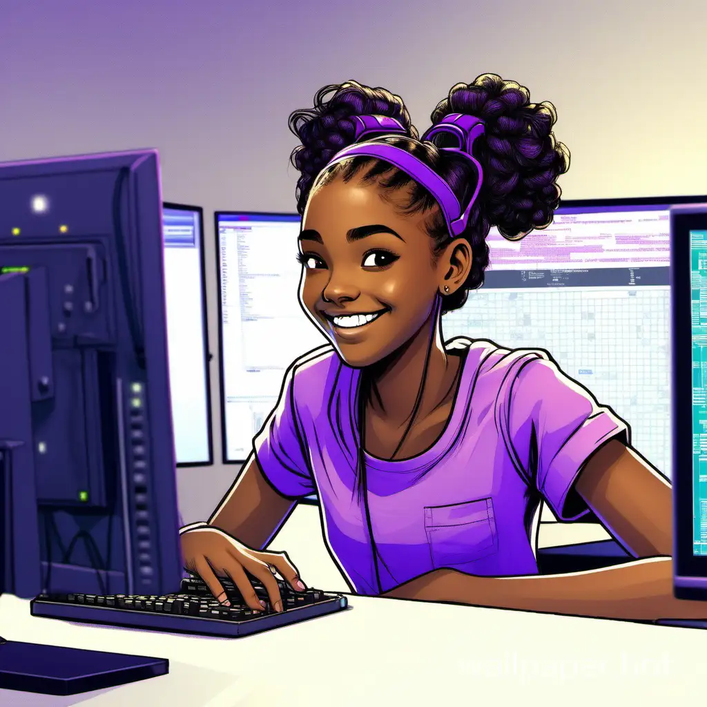 Happy, smiling teenage black girl, hair in ponytail, coding a video game in a lab, purple shirt