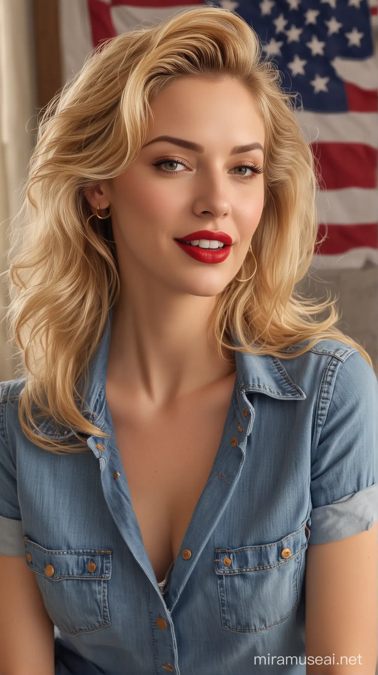 Beautiful USA Natural Old Lady with Golden Hair and Red Lipstick in Blue Jeans and Shirt