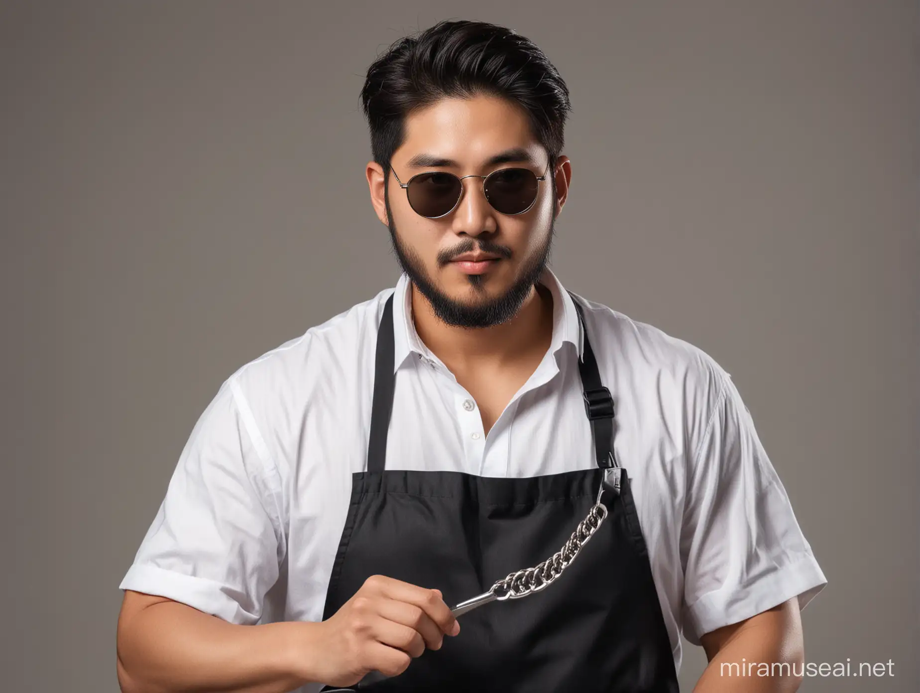 korean boy   aged 25, with a clean face in A handsome young man from korean man man grilling with beard and sunglasses, using an apron, cuban chain and black watch