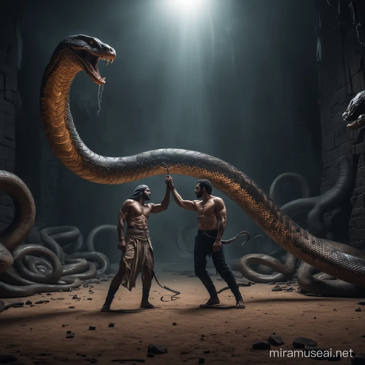 egiptian man fights against a giant snake in the underworld at nigh, full body