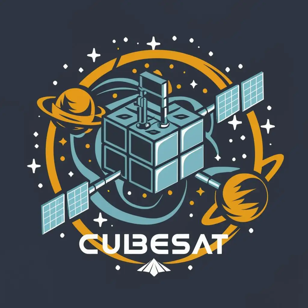 logo, Cubic satellite, Solar panels, orbit, with the text "cubesat unet", typography