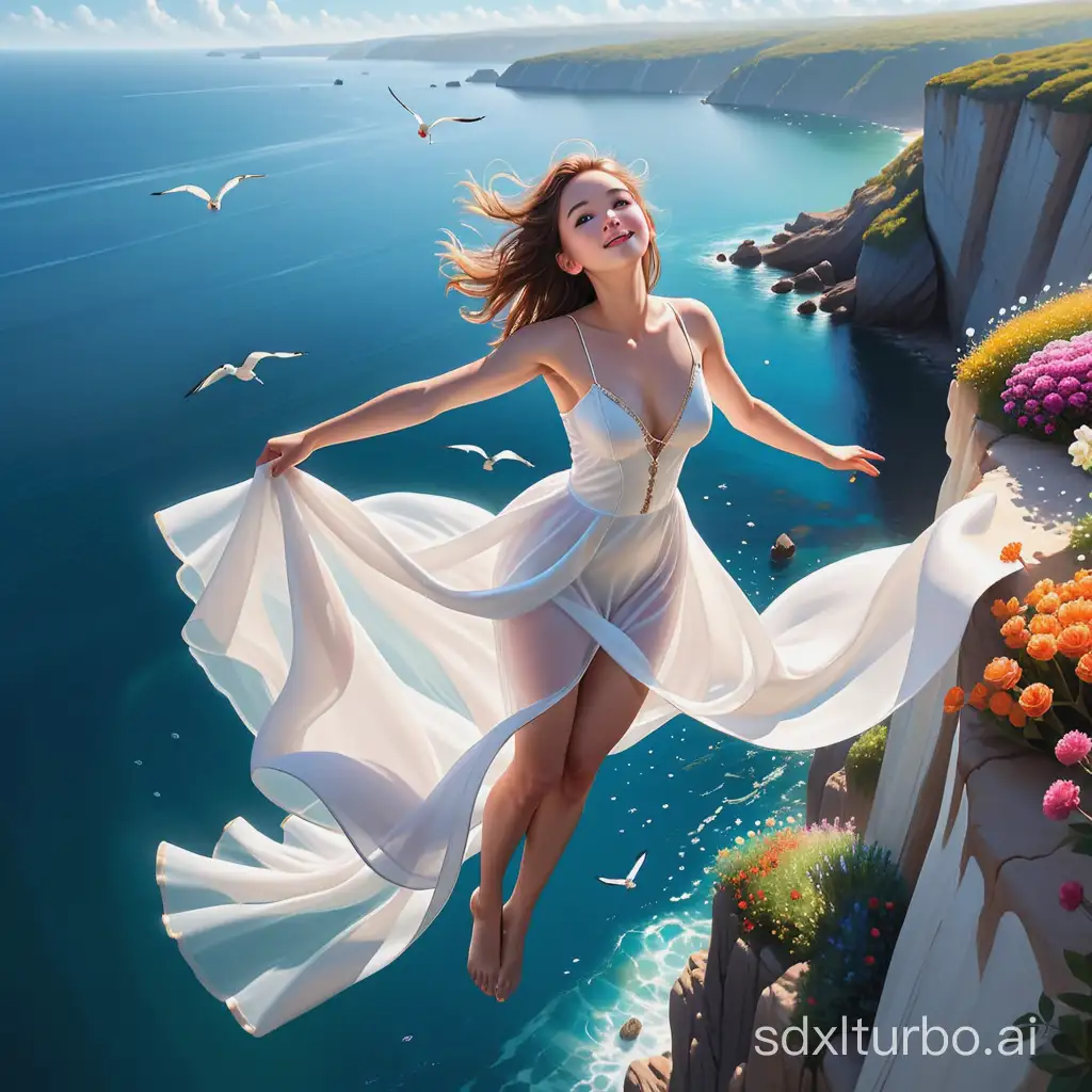 Create a hyper-realistic instant captured image of a playful young woman in a white gown, perform a backward diving far off a cliff into a crystal-clear sea as if she is floating gracefully above a picturesque seascape., but with a twist: she's gazing directly at the viewer. Her arms are wide open, facing the sky, expressing joy and peace. The aerial perspective reveals vibrant plants and colorful flowers on the cliff, and birds in the sky. Despite the action of diving, her eyes establish a captivating connection with the viewer, adding a unique, engaging element to the scene.