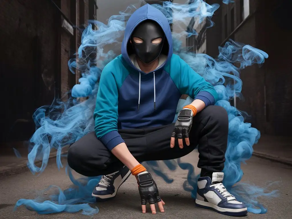 mysterious ambiguously human teenage-20s male, body made of azure cerulean blue smoke, cadetblue steelblue cerulean raglan hooded sweatshirt with hood up, black featureless skintight mask obscured face, black grey orange fingerless gloves, navy black sweatpants, white azure low-top techwear sneakers, videogame anime animation urban fantasy character reference sheet