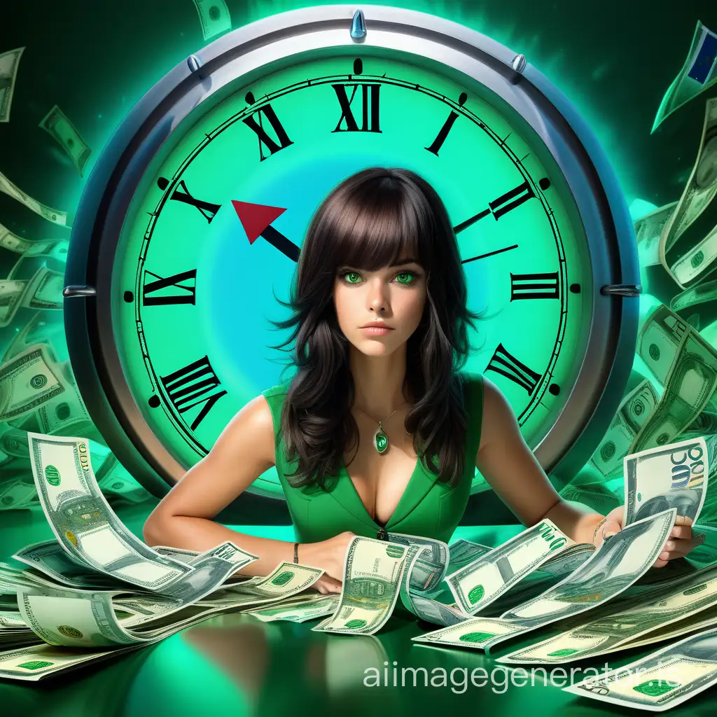 abstract image of a futuristic clock with many features, in the same image a lit light bulb with dim green light, a small blue flame, and a floor full of euro banknotes, in the background an Italian flag held by a beautiful girl with dark hair, non-crossed green eyes, prosperous bosom, and dressed elegantly