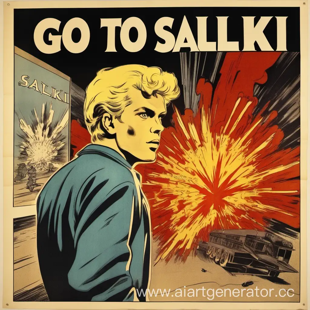 Blond-Person-with-Go-to-the-Salki-Poster-Amidst-Explosive-Scene