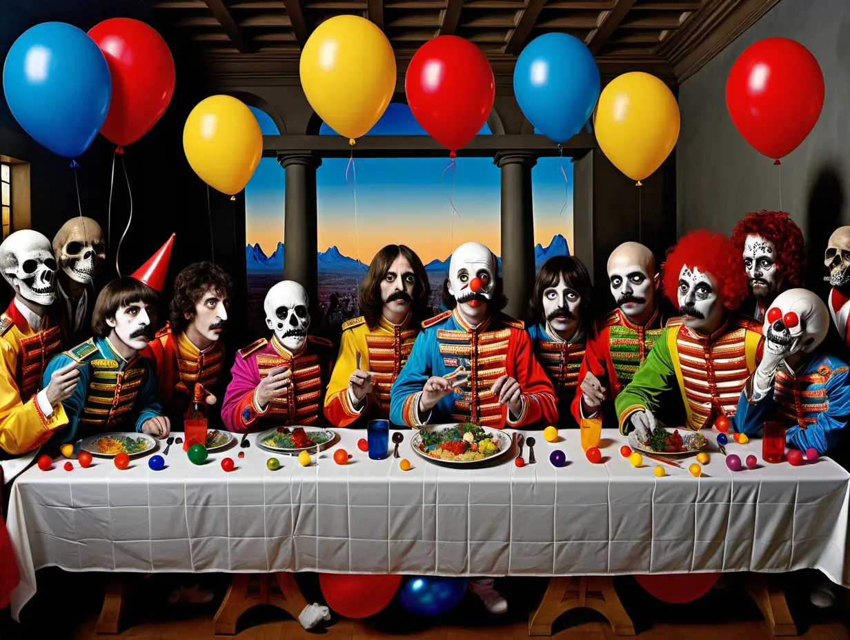 Sgt Peppers Lonely Hearts Club Band Last Supper with Clown Noses Skulls Dinosaurs and Colorful Balloons