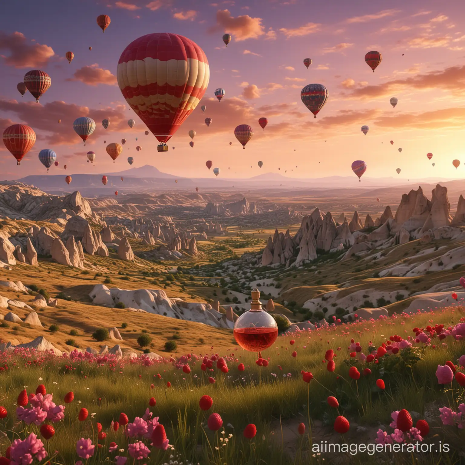 A hyper-realistic 3d rendering of a perfume product on a vast grassy expanse in Cappadocia with strawberry, lime, berry, and patchouli flowers in the background with many hot air balloons flying and a romantic atmosphere with a purplish sky.
