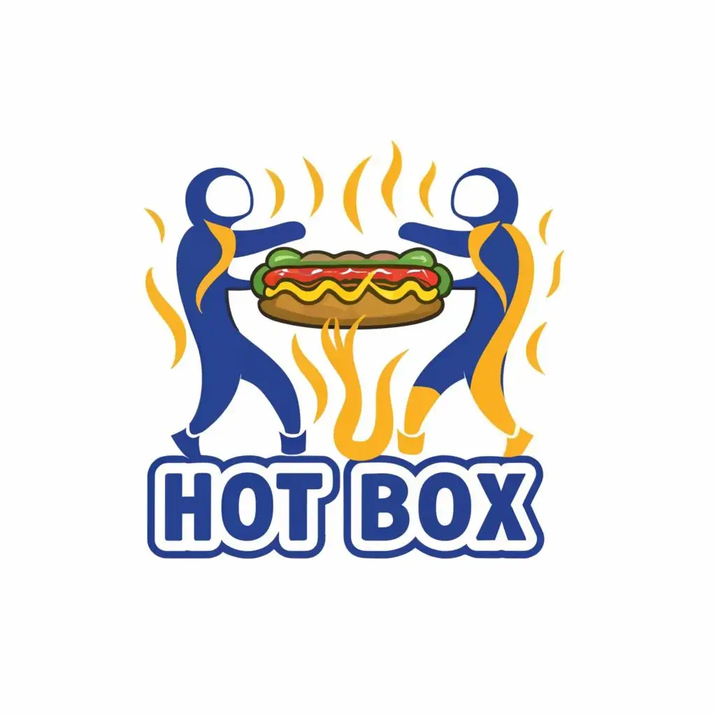 logo, bunch of people who fight for hot dog cleared hot dog image and people as well use blue and yellow colors., with the text "HOT BOX", typography, be used in Restaurant industry i want very good quality