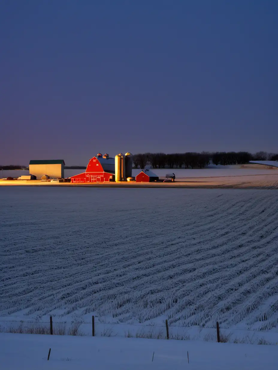 Nebraska farm in late November with a small amount of snow on the ground, dawn, just beginning to get dark, close up photo, no electricity