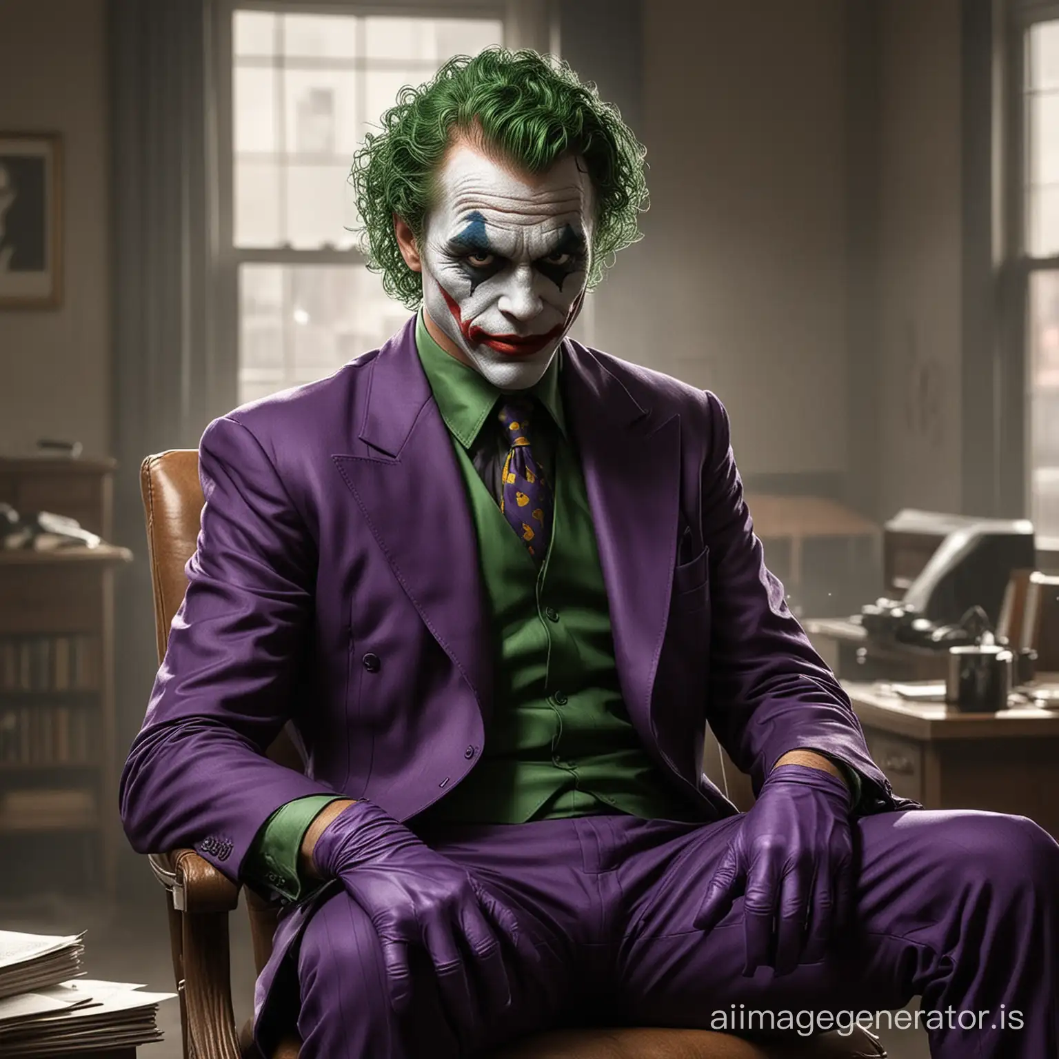Realistic picture of Joker from the Batman comics. Accurate. The Joker is sitting on a chair in a 1930s office room. Joker as a retro gangster. Joker looks like in his very first appearance in comics. Joker with his suit from the old Batman comics by Bob Cane. Joker. Batman comics. Comicaccurate. Retro. Purple Suit from the comics. First Joker ever. First appearance in comics. Realistic. Live-action. Well dressed. Comicaccurate. Realistic. First Suit. Epic. Heroic. Villain. He has short green curly hair. Gangster Boss. 1930s comics. Short hair.