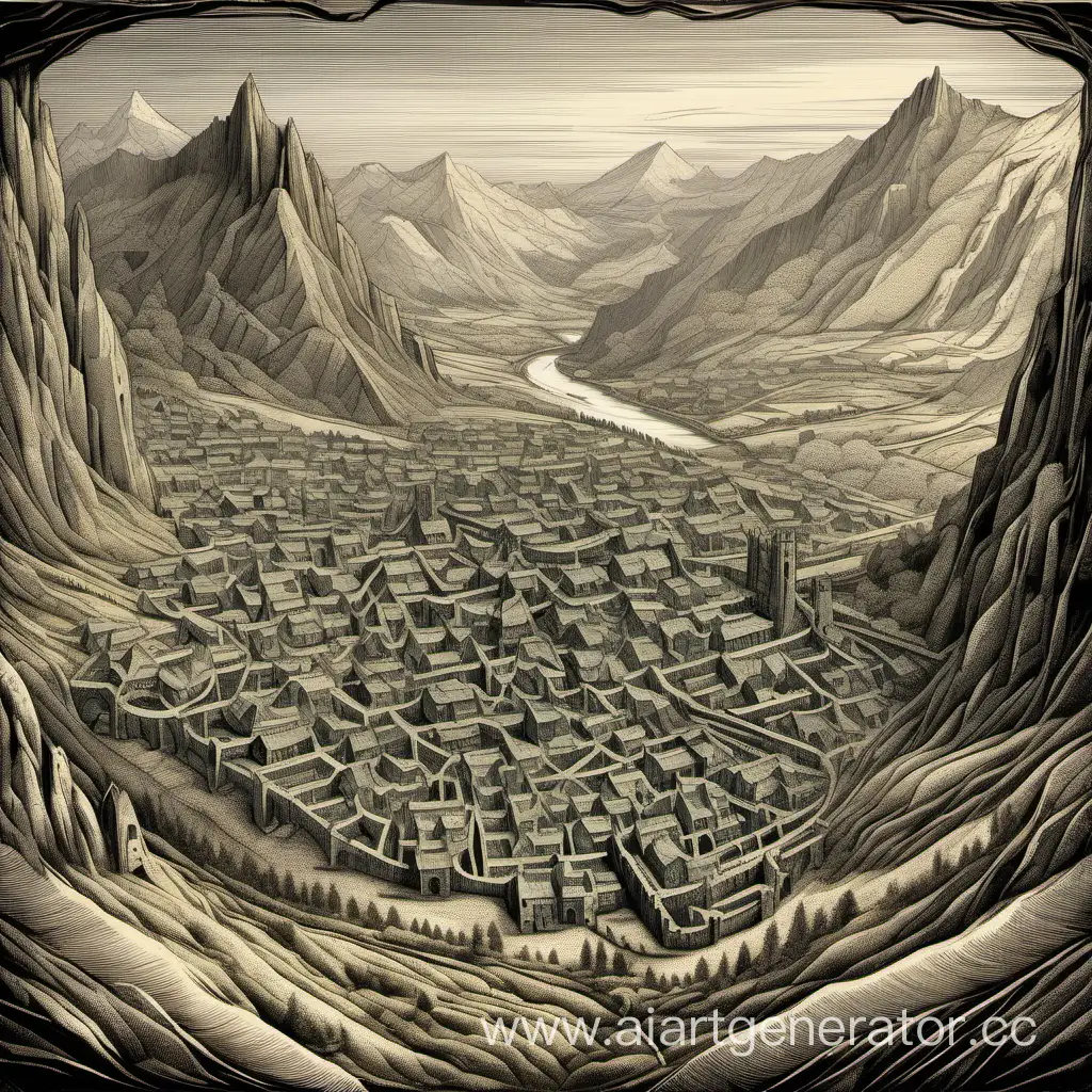 Tolkien's dwarf city, in a valley near the mountains, surrounded by walls, engraving style