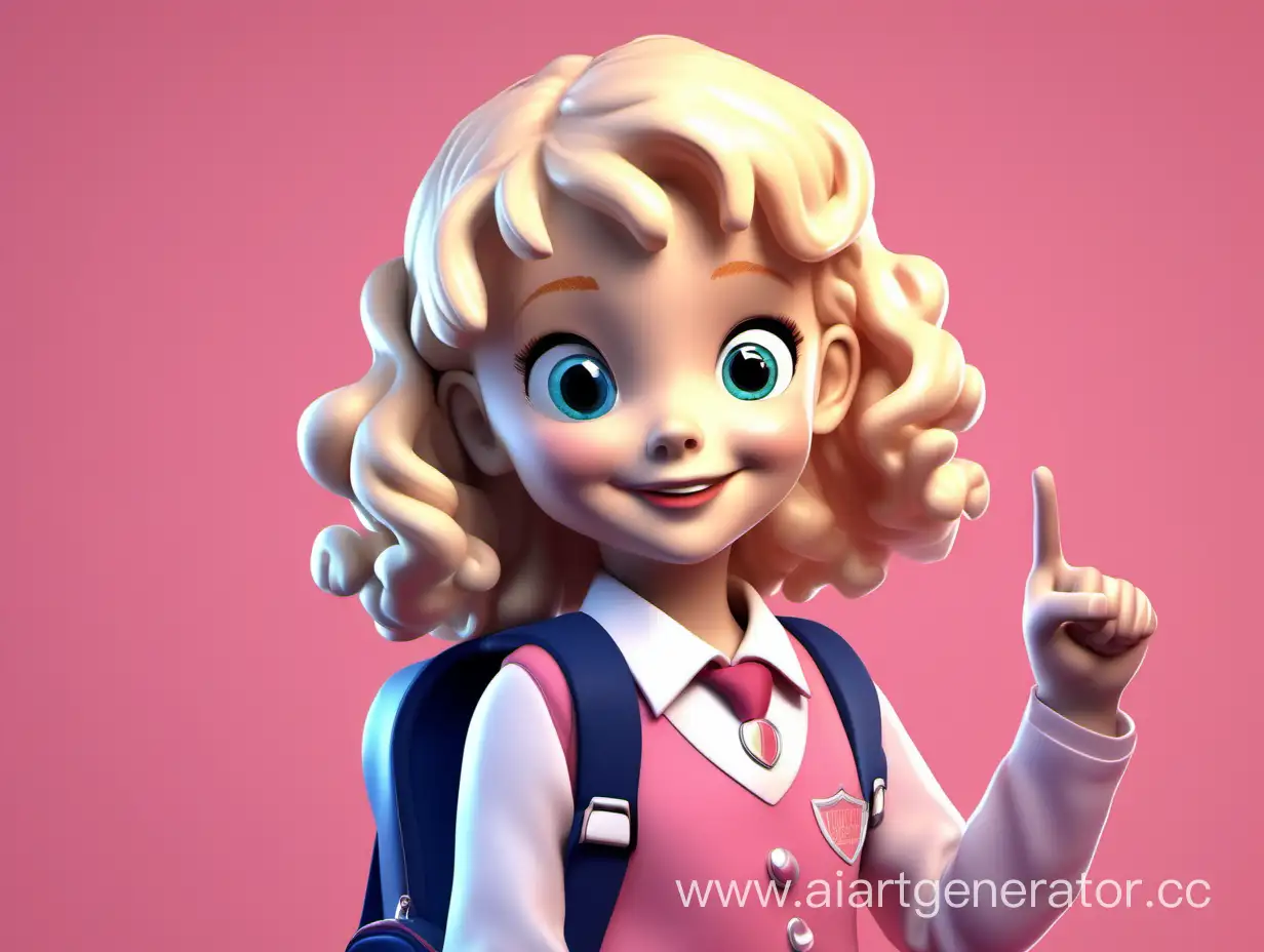 Smiling-6YearOld-Girl-in-Blonde-Curls-School-Uniform-Pointing-with-Backpack-on-Pink-Background-Illustration