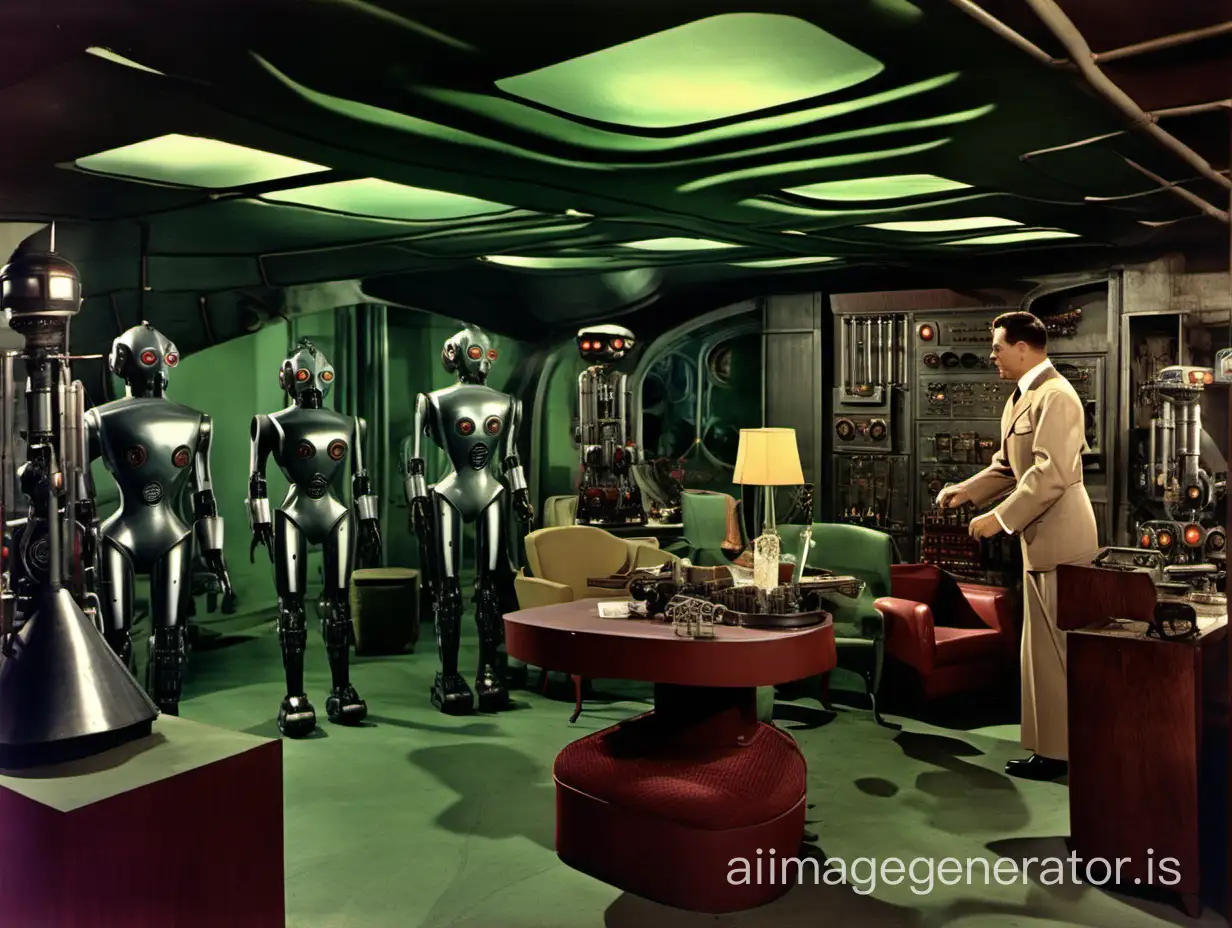 Colorful-Interior-of-1940s-Spy-Movie-Villains-Lair-with-Futuristic-Robots