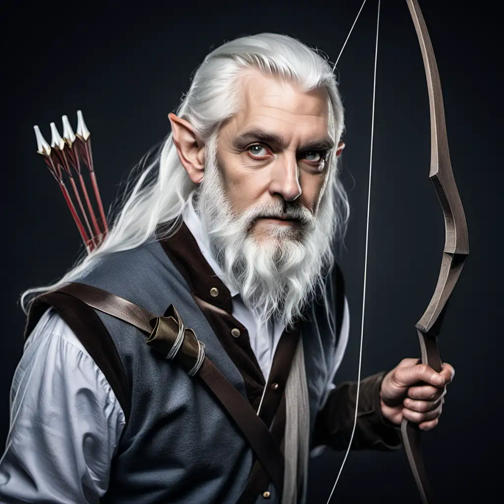 A middle aged half elf man with white hair and a gray beard holding a bow