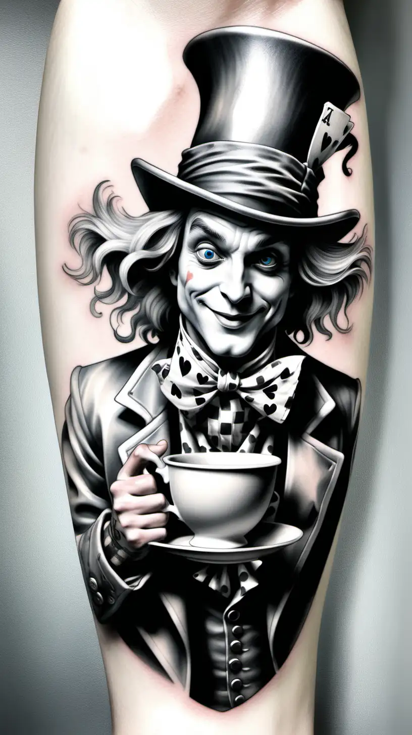 Disney Excited Mad hatter realism black and grey holding cup of tea tattoo disney