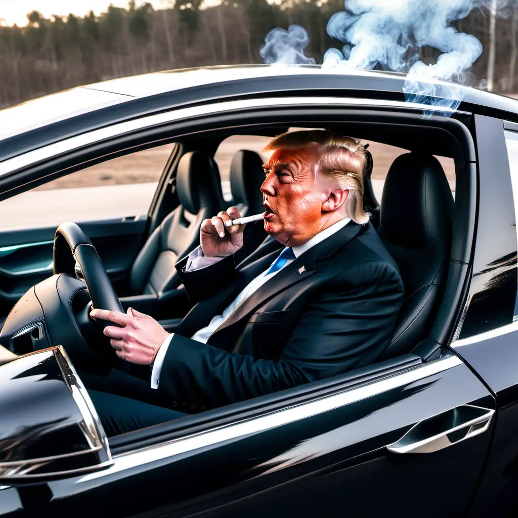 Donald trump driving tesla and smoking