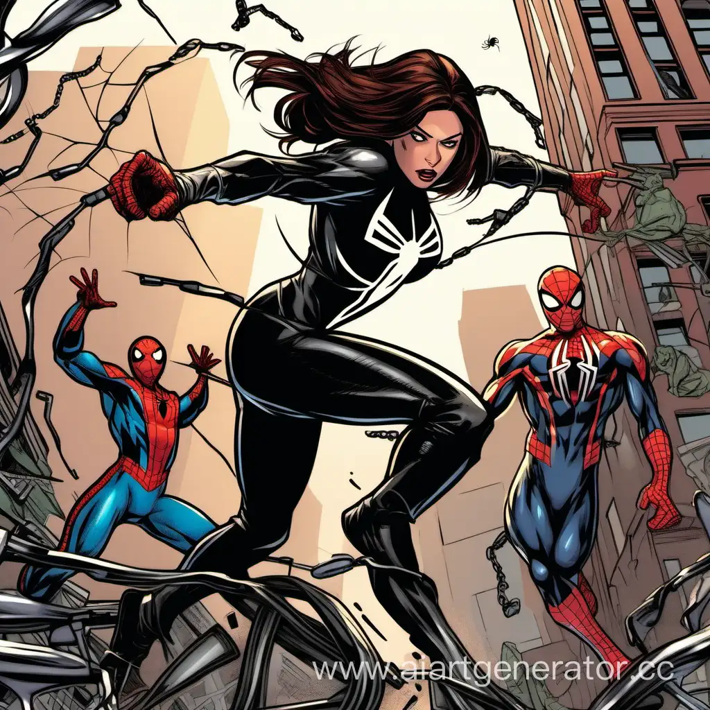 Девушка с тёмно-русыми волосами, в чёрном боевом костюме борется с Человеком-пауком 