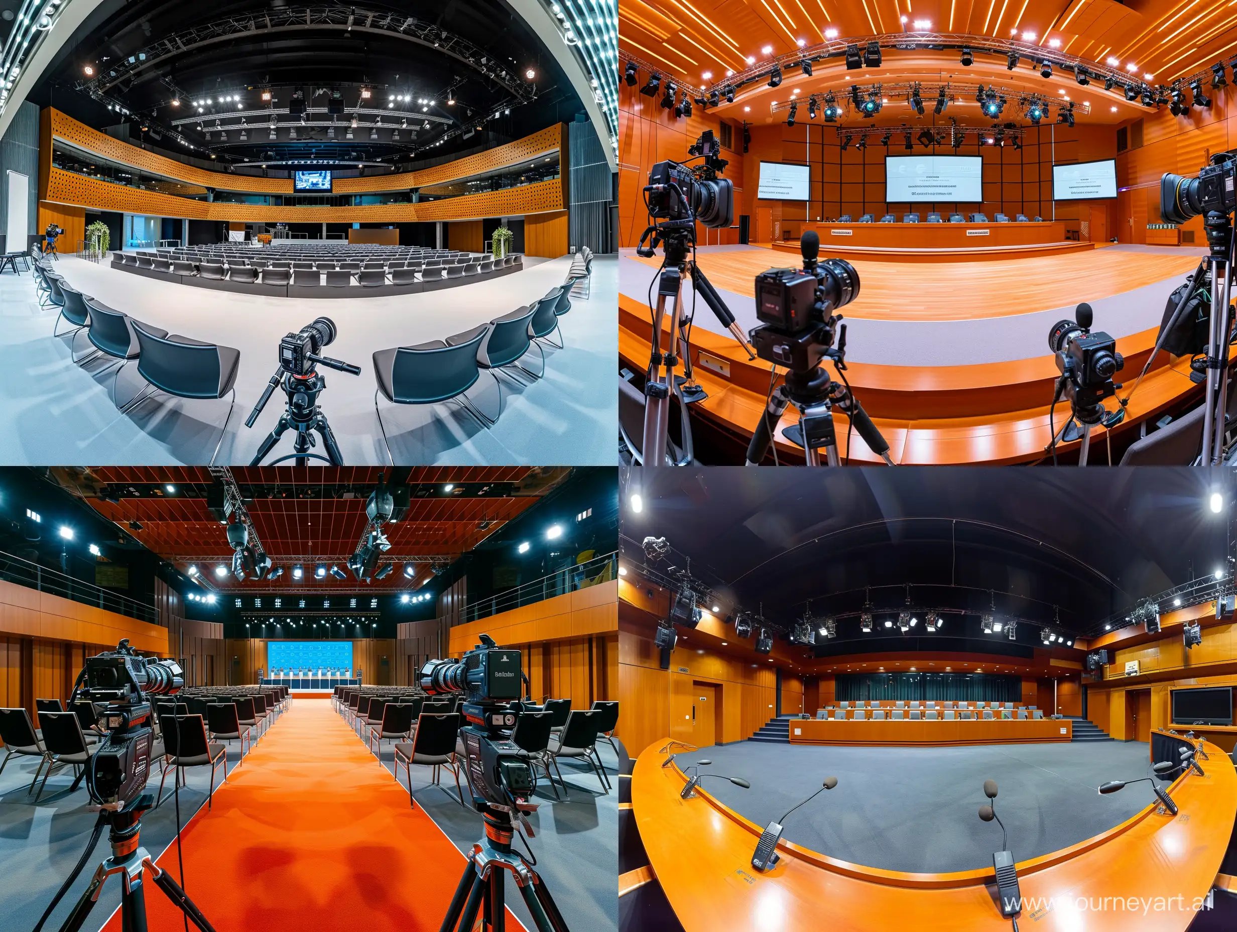 Frontal shot of the press conference hall panorama, highest quality, a masterpiece of photography.