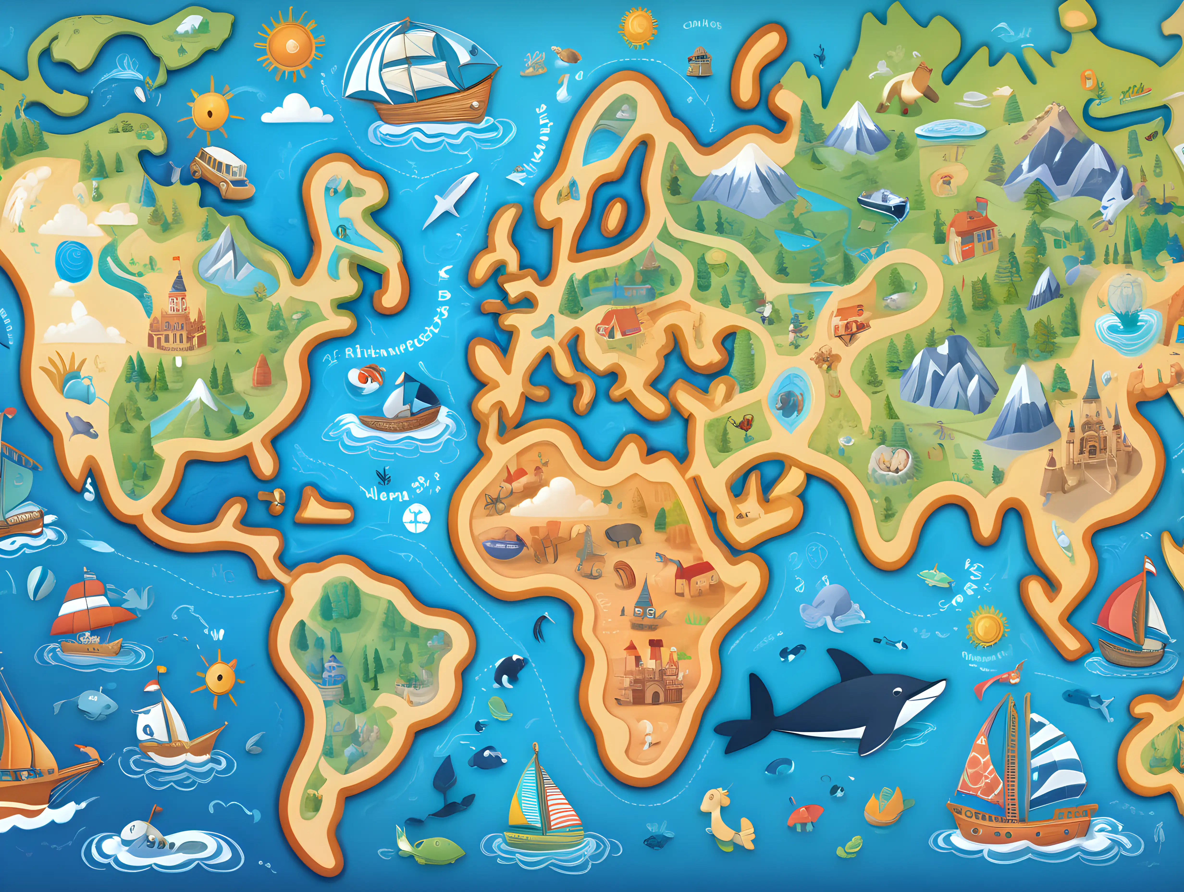 Generate an AI illustration of a whimsical map of the world. Create a vibrant and detailed map with playful elements. The continents and oceans should be filled with intricate patterns and colors, setting the foundation for the child's adventure.