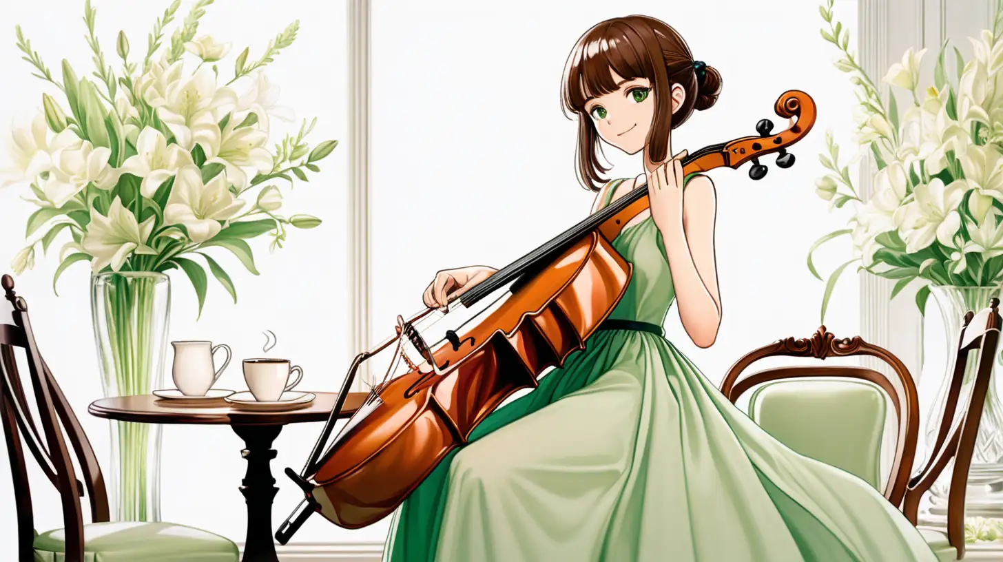 Anime Brunette in Spring Cafe with Cello and Coffee