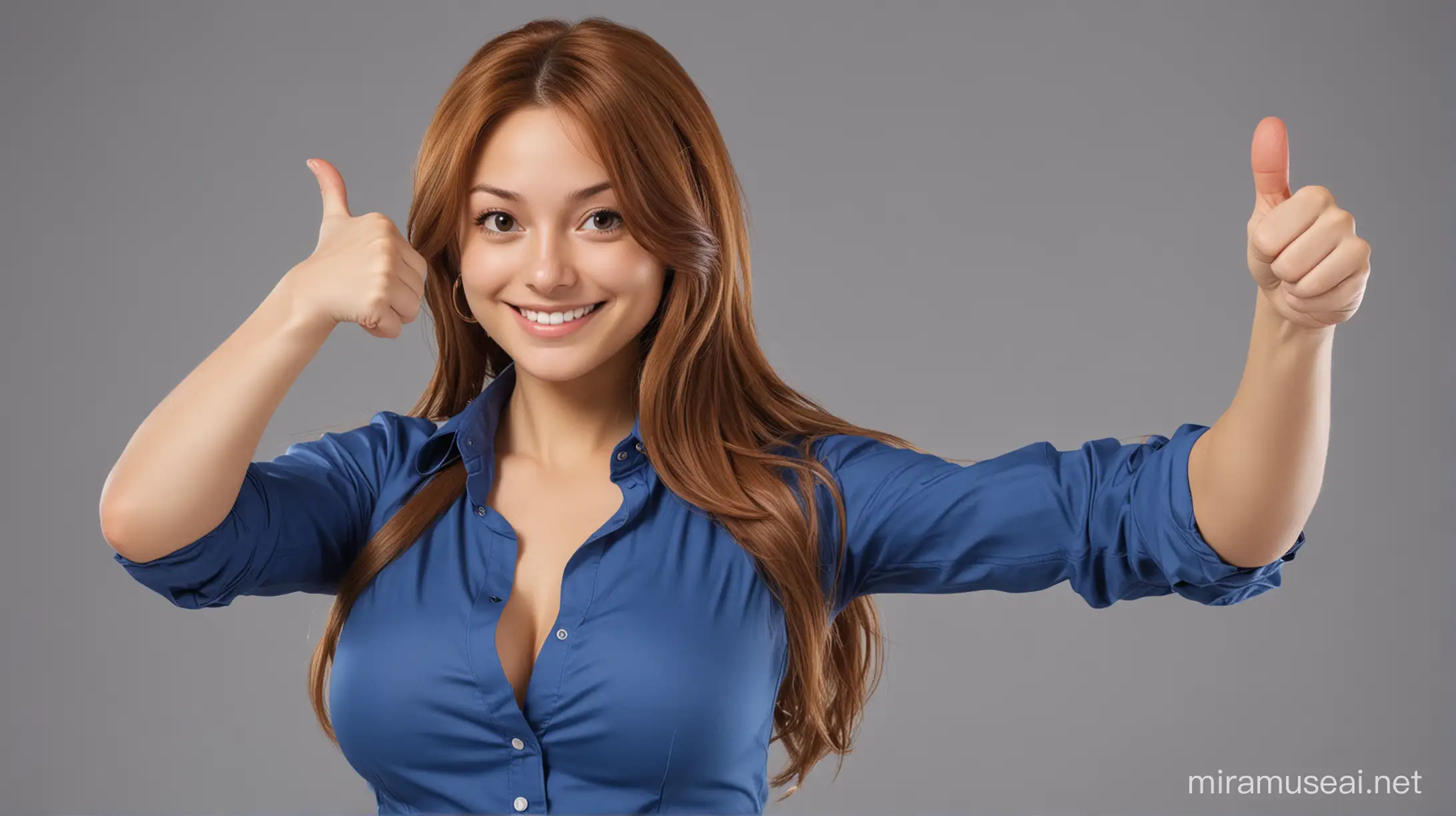 Young beautiful girl, similar to Nami from One Piece. She has long brown hair and huge natural bust. She is wearing blue shirt with cleavage. She smiles to the camera and keeps her right hand in a "thumbs-up" gesture next to her head (at the level of her right ear).