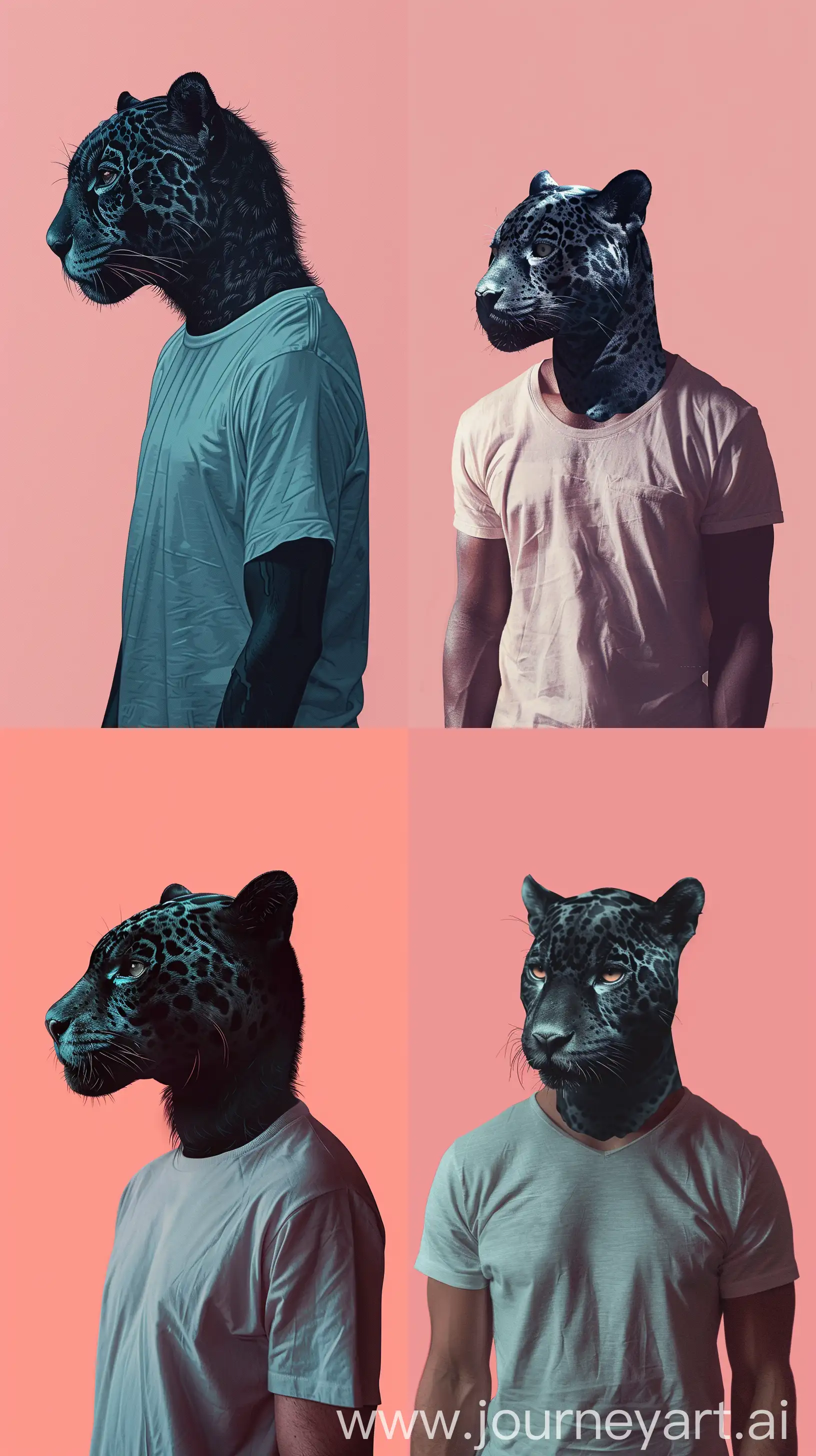 Dave Stevens art style of a black jaguar as a human man wearing a t shirt, as phone wallpaper, pink background. --ar 9:16