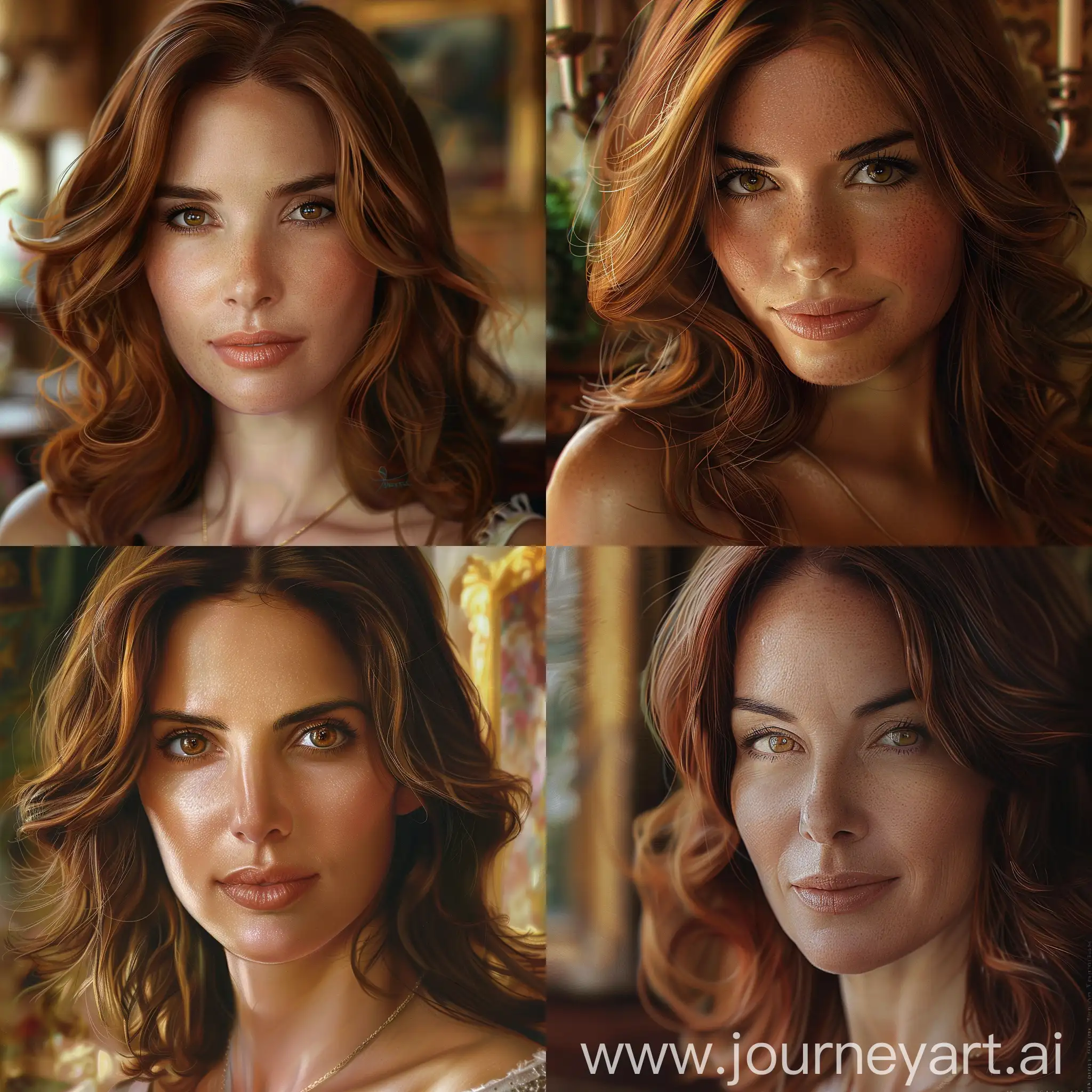 Ultra-realistic close-up portrait of a 35-year-old Spanish woman, her demeanor radiating warmth and sophistication. Her hair, a rich chestnut brown, is styled in soft waves that frame her face, highlighting her olive complexion. Her eyes, a deep hazel, are expressive and filled with intelligence, accented by minimal, elegant makeup that enhances her natural beauty. She wears a simple, yet elegant, necklace that subtly complements her attire, suggesting a refined sense of style. The background is intentionally blurred, focusing attention on her, yet hints at a tastefully decorated interior, suggesting a life lived with intention and grace. The lighting is soft and warm, casting her features in a glow that accentuates her striking yet approachable beauty. This portrait captures not just her physical appearance but the essence of her character, offering a glimpse into the soul of a woman who embodies strength, elegance, and the rich cultural tapestry of Spain.