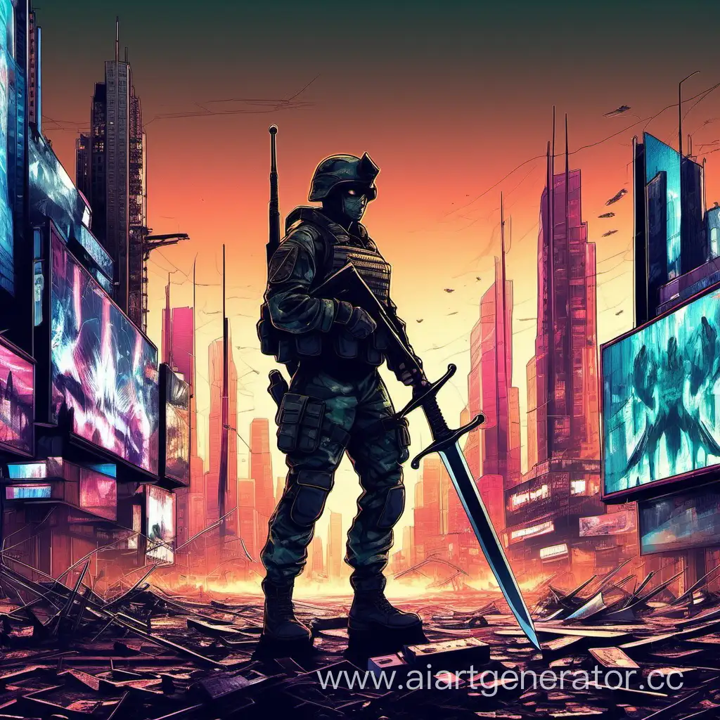 солдат в современной военной формой и с огромный мечом, озлобленным лицом в пустом неоновом городе, где мерцают разбитые экраны на билбордах и домах