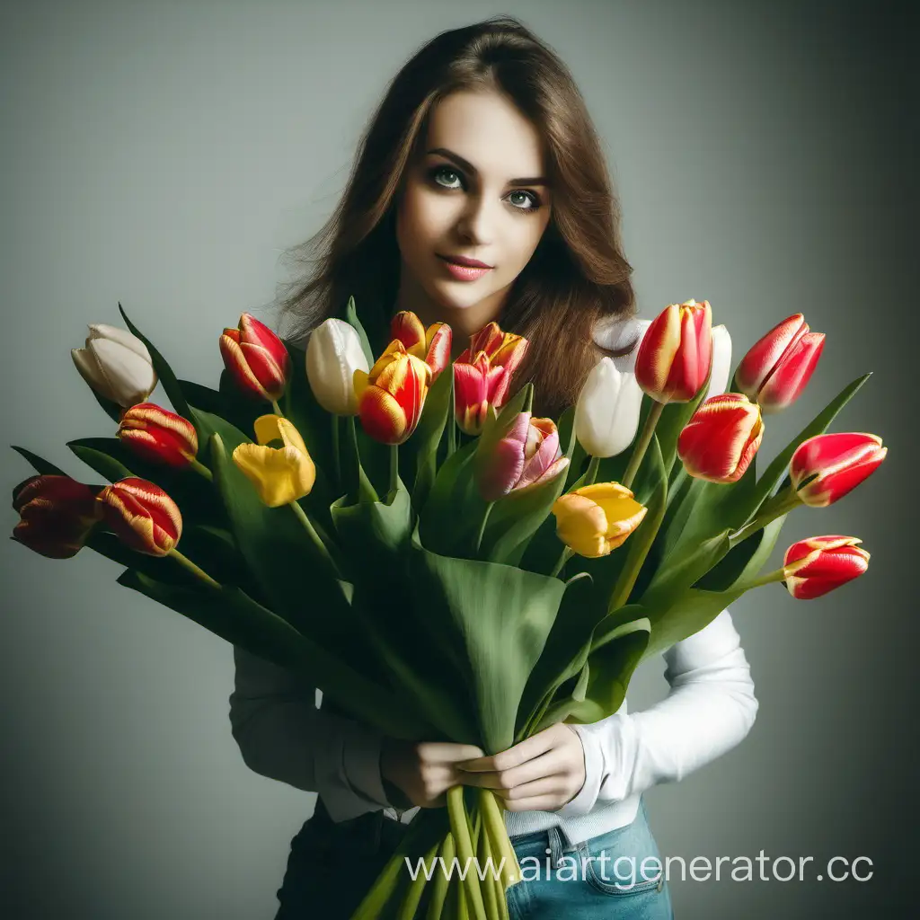 Девушка с  большим и красивым букетом тюльпанов