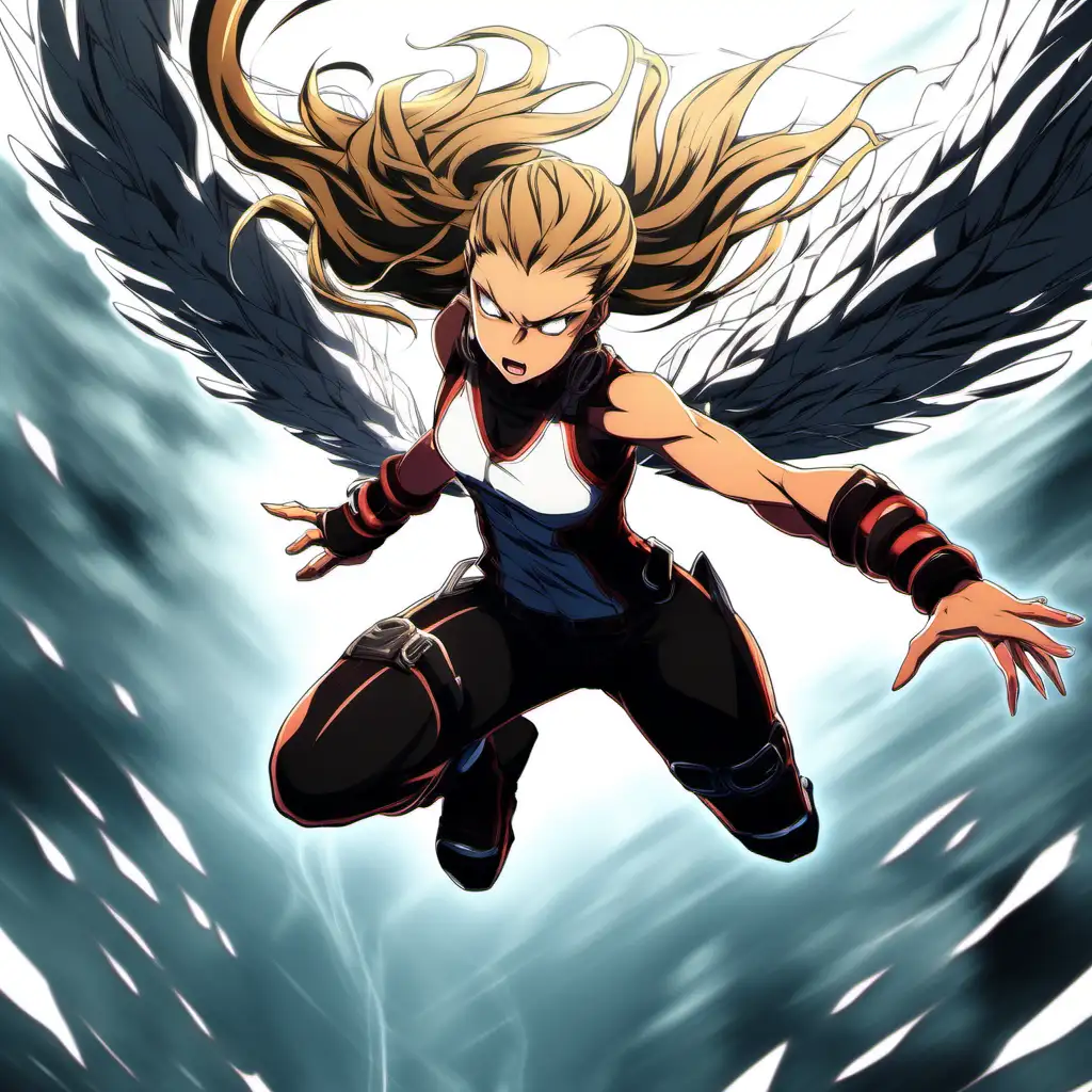anime woman, tall, buff, half demon, half angel, determined expression, angry, high energy, intimidating, braided hair, judgement, full body, dynamic pose, leaping forward, diving attack