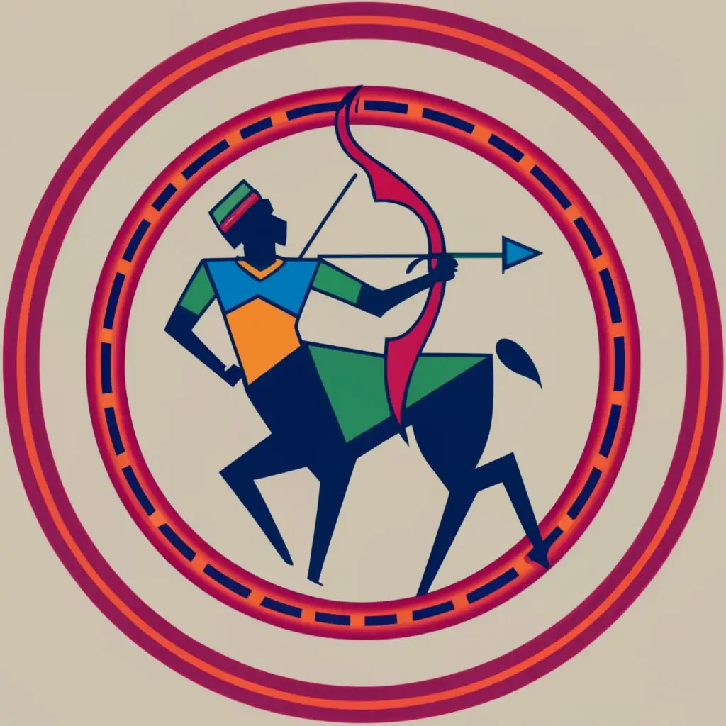 logo, bow and arrow in round in red, yellow, blue and green with red border - depicting Hindu mythology, with the text "round logo depicting hinduism", typography, be used in Religious industry - bright colors