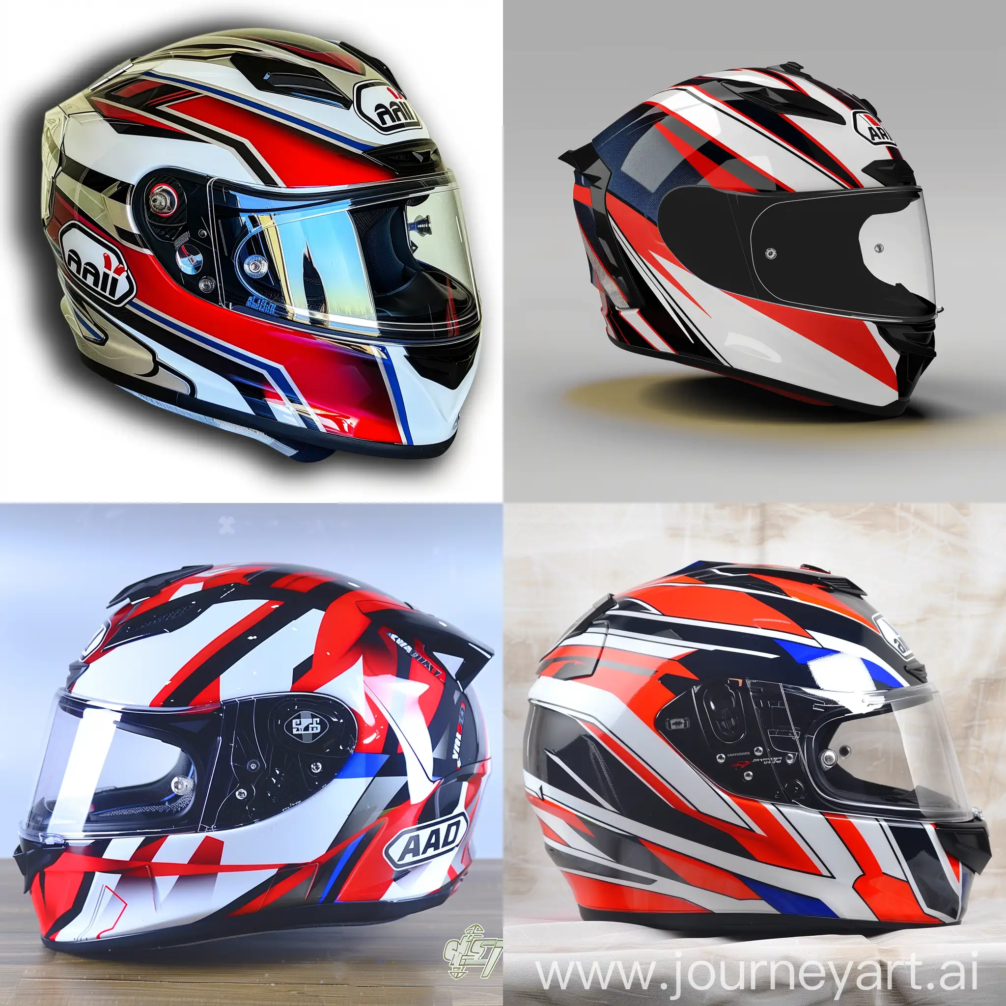 I need a brand-new helmet design pattern to be printed on a helmet. The helmet model is a full-face ARAI helmet for motorcycles. The design should be simple with bold lines, and the color scheme should include red, white, black, and blue. I need design patterns for the front, left side, right side, back, and top of the helmet.