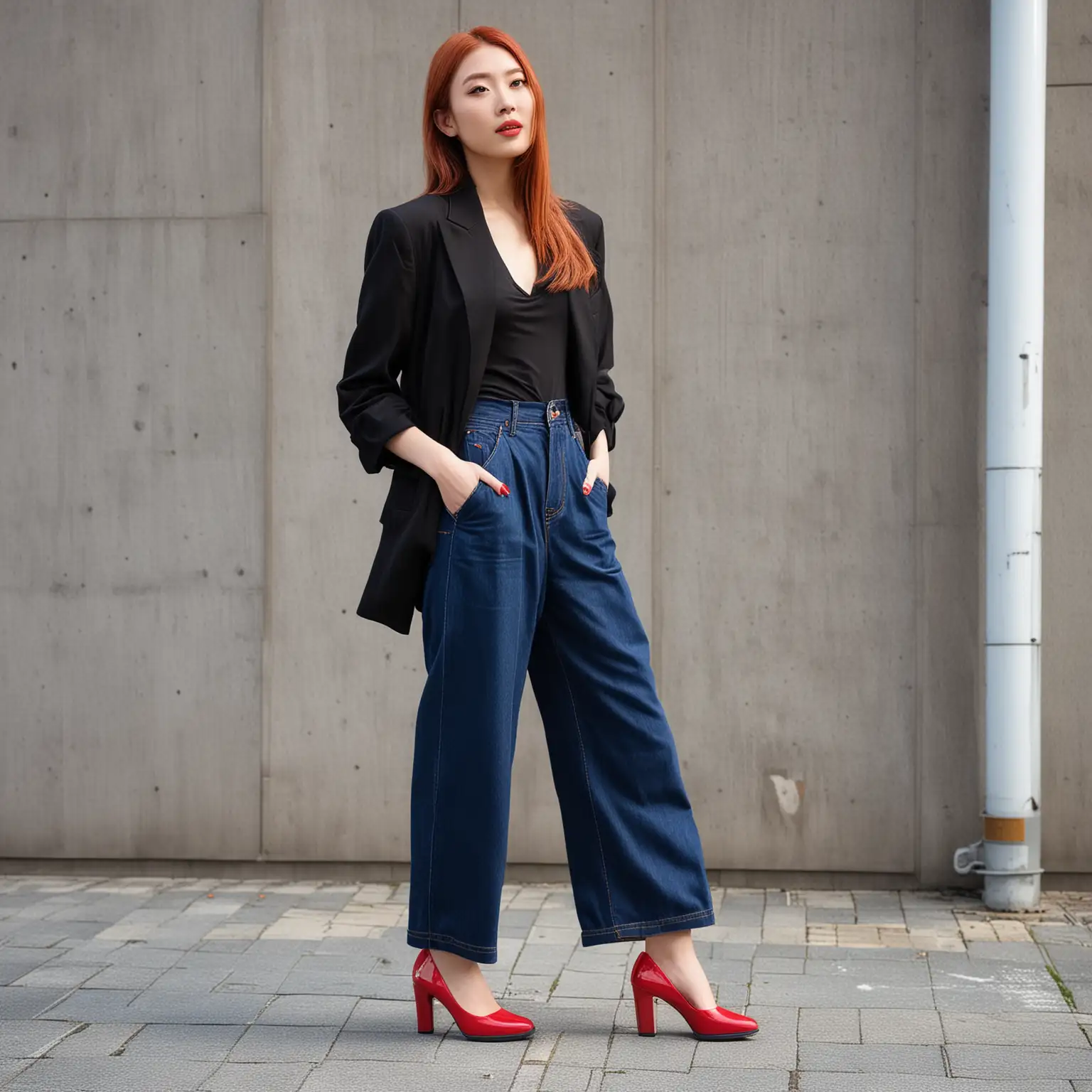 oversized black blazer with red high heels and blue wide leg jeans, in Japan