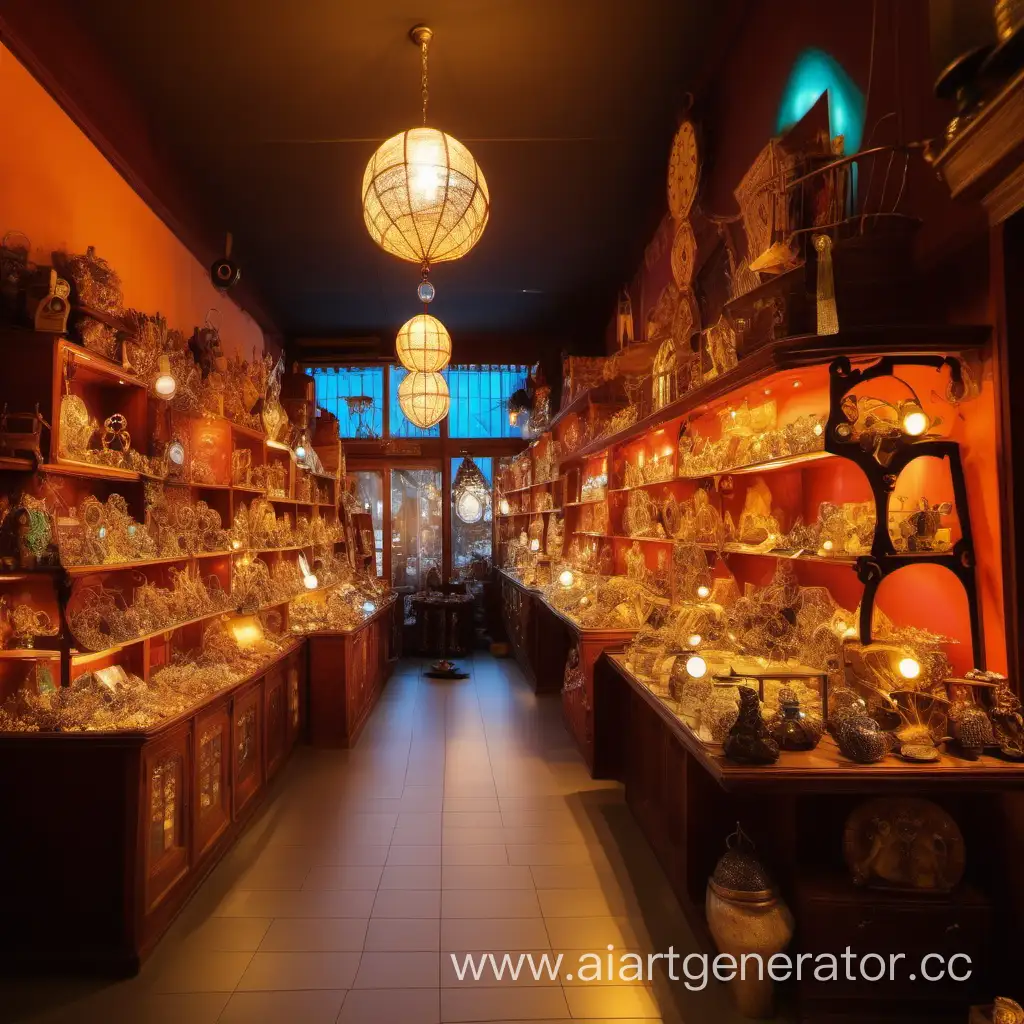 shops of magical goods, trinkets, jewelry, warm light, warm color