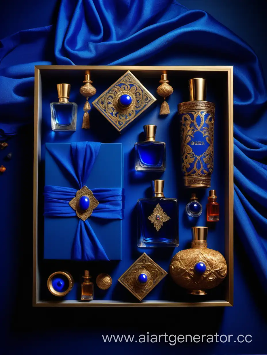 a greek themed flatlay photography, Luxury Perfume box and bottles, royal blue accents, rich color, fantasy, from overhead, vivid, indian, sari, trending on artstation, sharp focus, studio photo, intricate details, highly detailed, by greg rutkowski