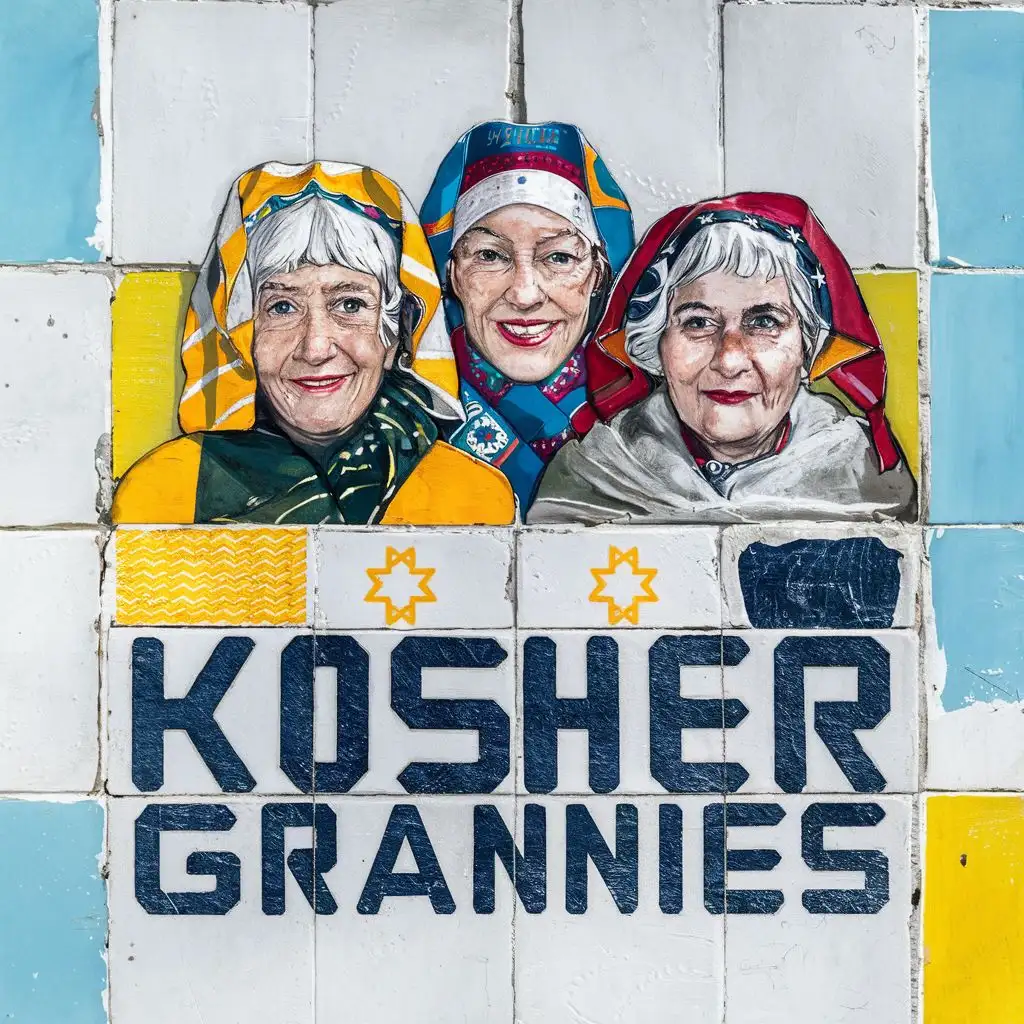 logo,  yellow, blue, white, Jewish grannies with colorful jewish headcovers, in white tiles,  with the text "Kosher Grannies", typography, be used in art industry