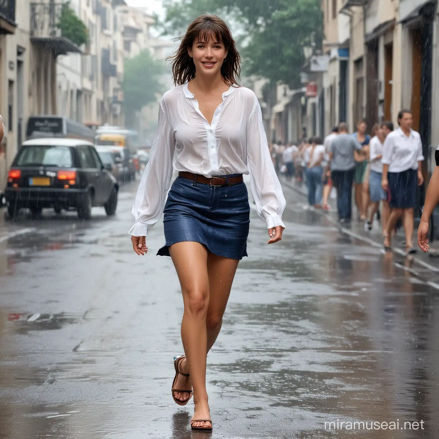 Sophie Marceau sexy bronzée vêtue d'un chemisier blanc, d'une mini jupe en tissu bleue et des sandales, marchant dans la rue sous une pluie d'été, trempée mais souriante