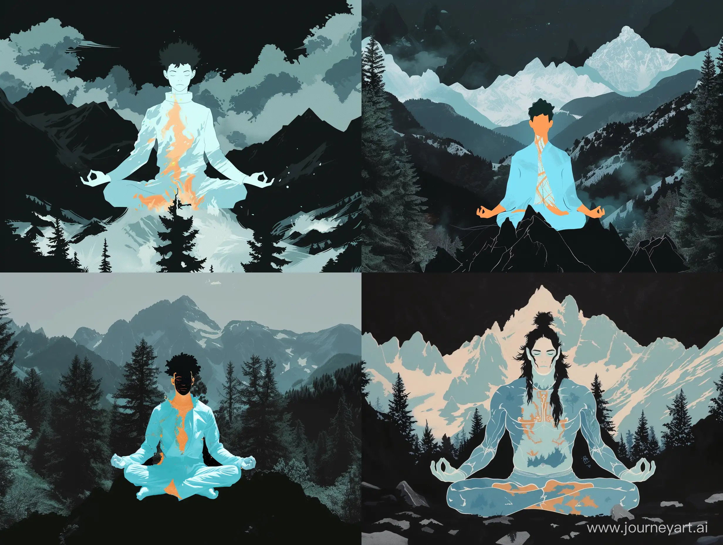 in mountains and trees black background meditating and focusing a shape of man with lightblue clothes and black hair and white-orange skin