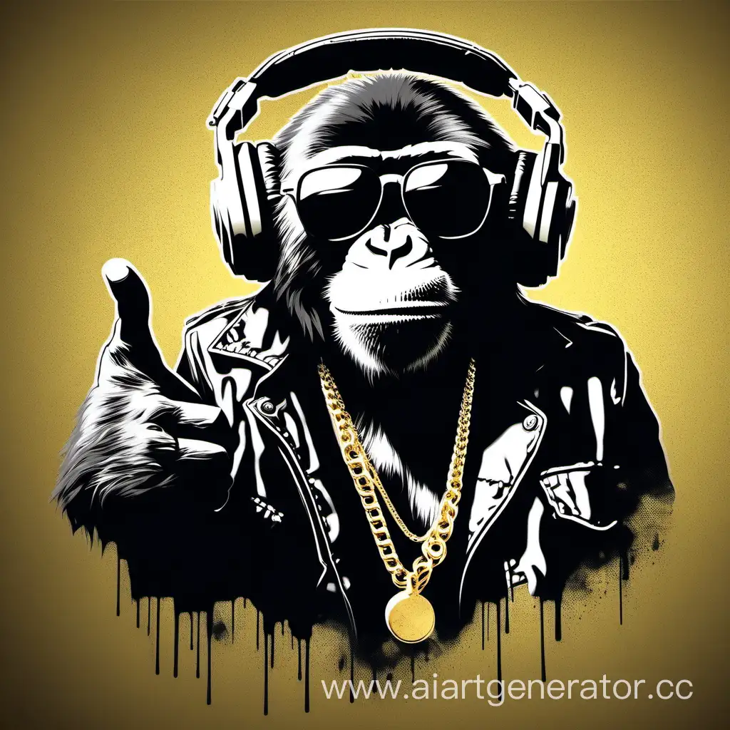 stencil art one color. hiphop monkey with the sunglassess, headphone, and golden necklace pointing finger in the air

