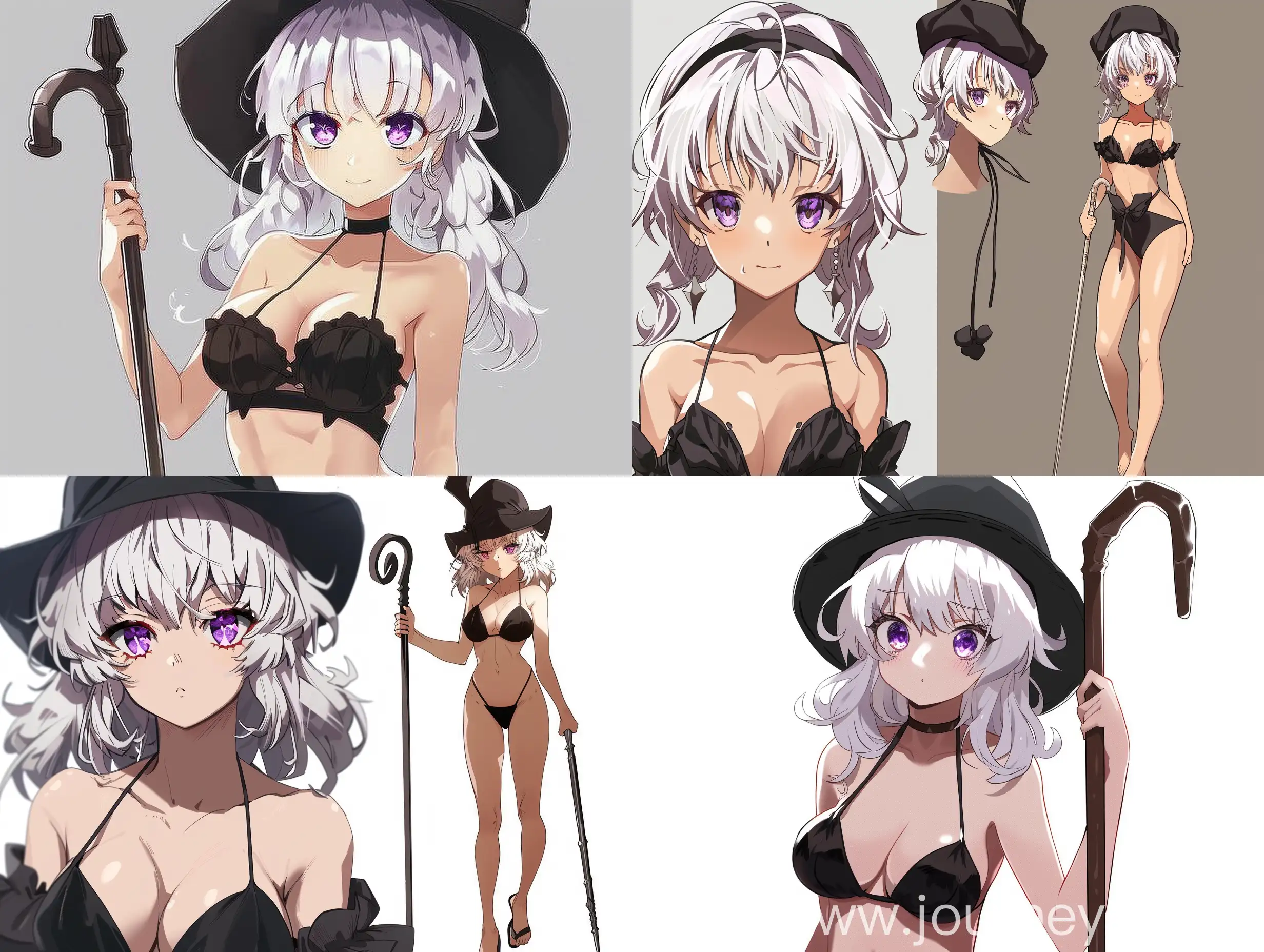 Arisu Sakayanagi from Classroom of the Elite with violet eyes, white hair, a faint smile, a mischievous look, wearing a black ball gown, carrying a cane, short stature, and a black beret in hot bikini black 