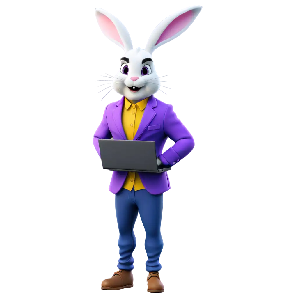 Easter-Bunny-in-Purple-Jacket-Working-on-Black-Laptop-PNG-Image-Creative-Easter-Illustration