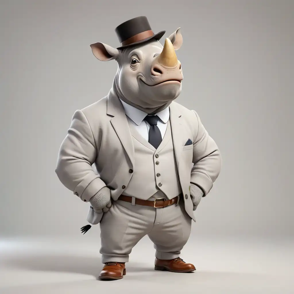 A white rhinoceros in cartoon style, full body, suit clothes, with formal hat and shoes, with white background